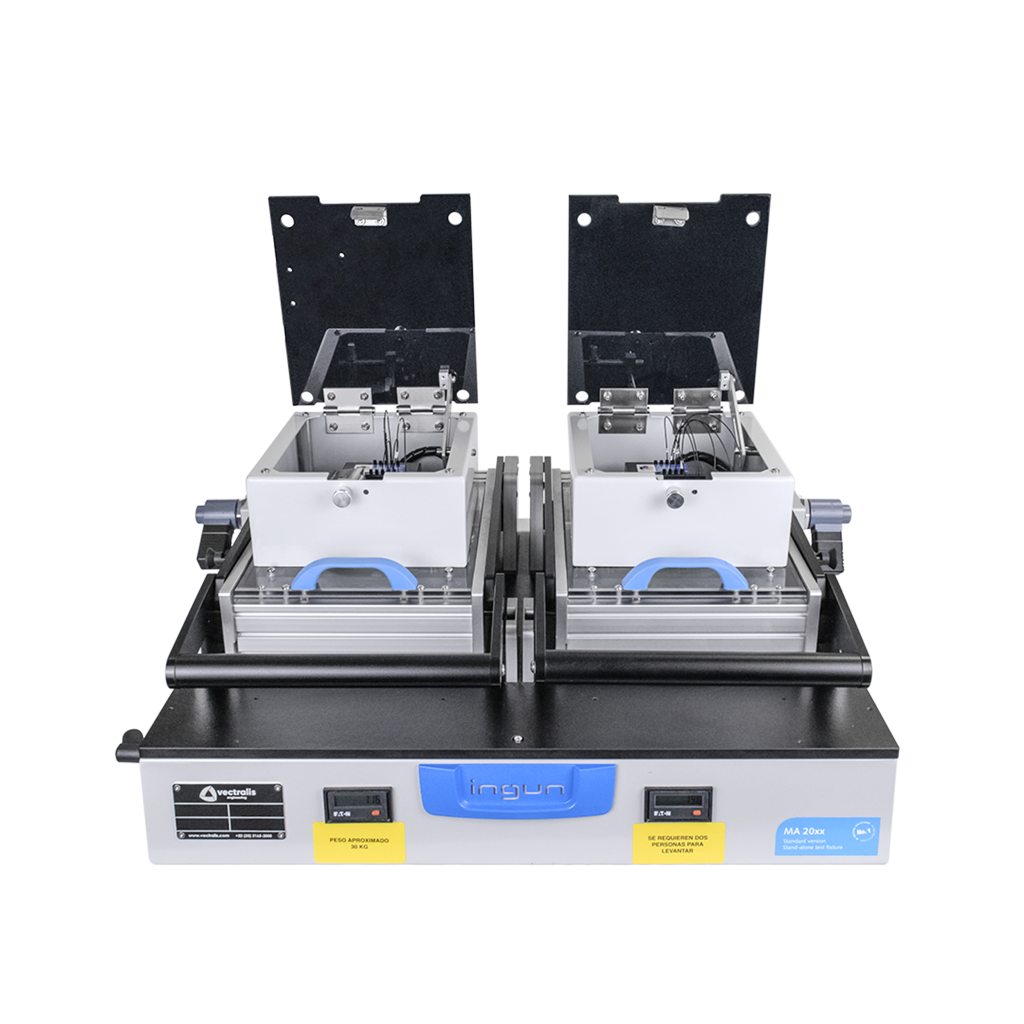 Ingun fixture with top access open, showing internal test components for LED and current measurement
