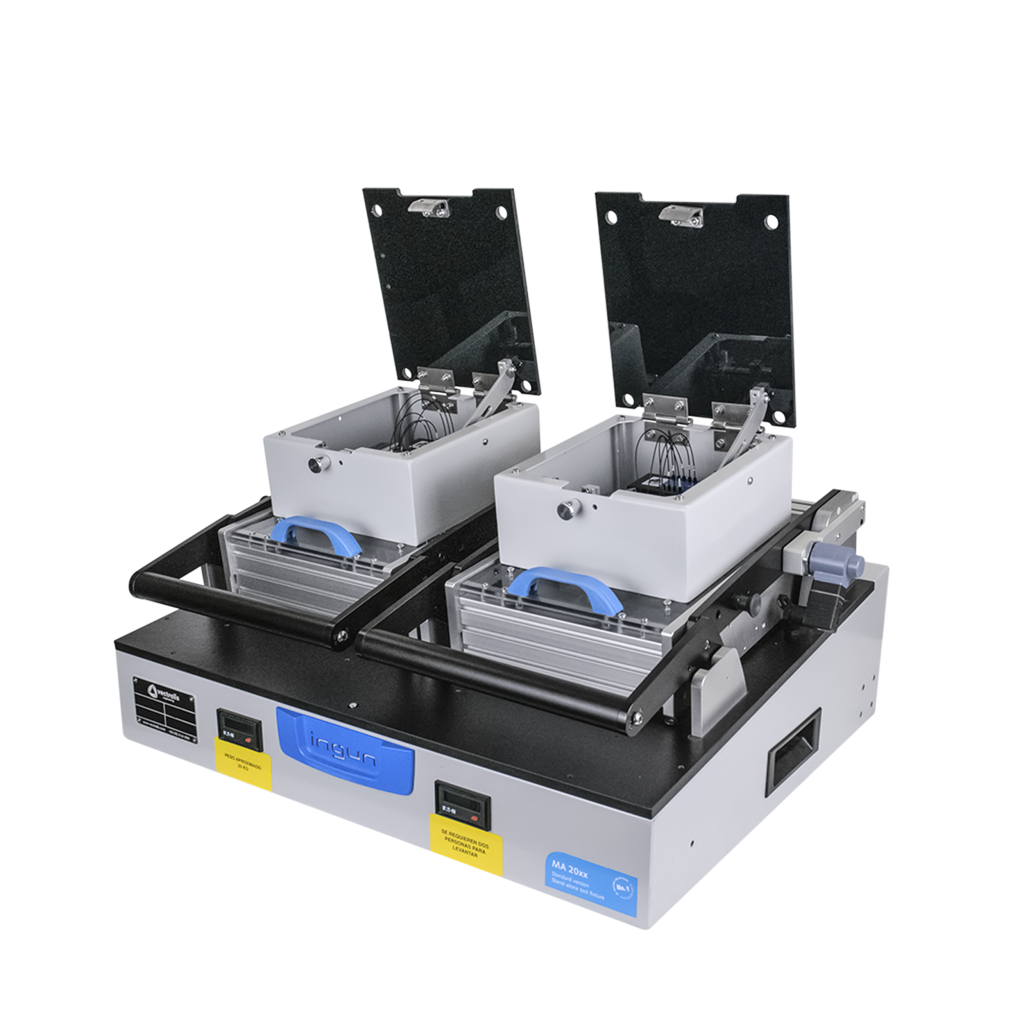 Fixture with top access open, highlighting components used for LIN communication and Feasa LED tests