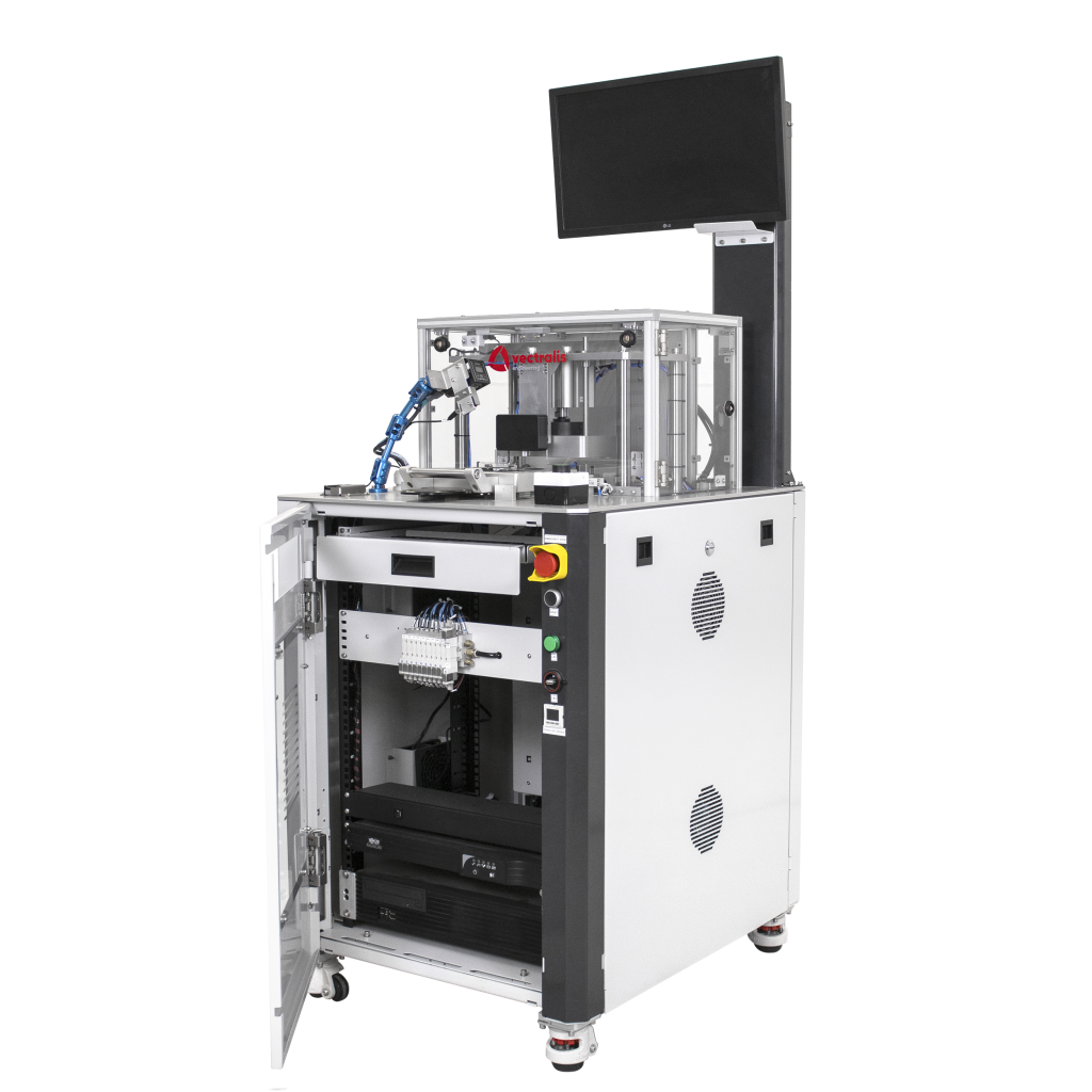 Vectralis test system with open instrumentation bay, showing V|box integration and internal components