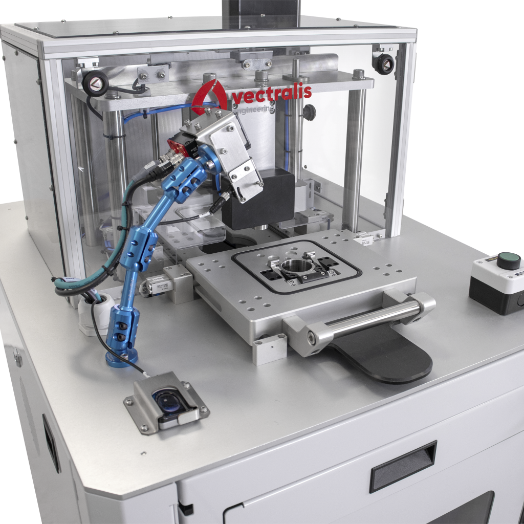 Close-up of Vectralis leak test module and stress testing unit for automotive harness validation