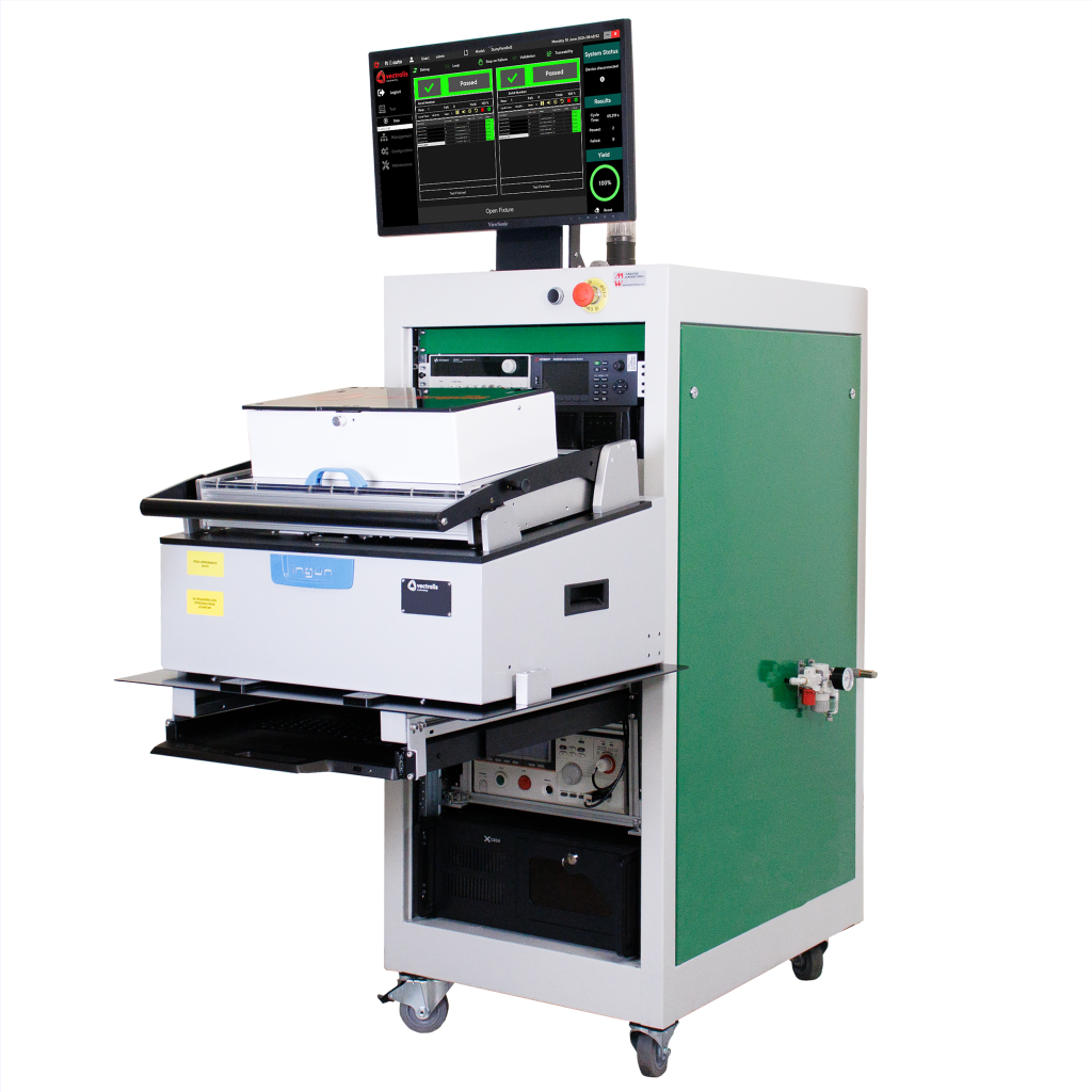 Automated test equipment by Vectralis for voltage, current, and calibration testing on industrial PCBAs
