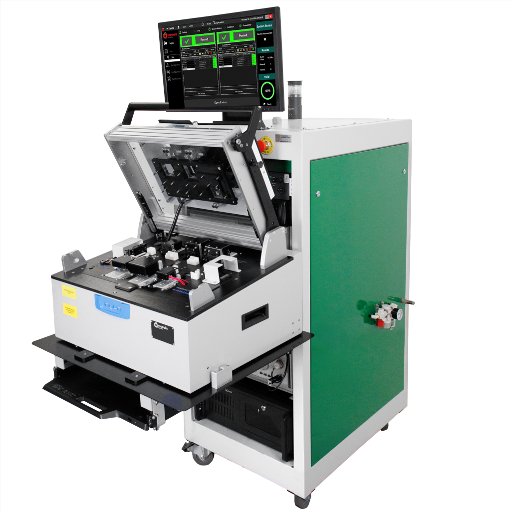 Vectralis functional tester with open fixture showing UUT nests for industrial PCBA testing