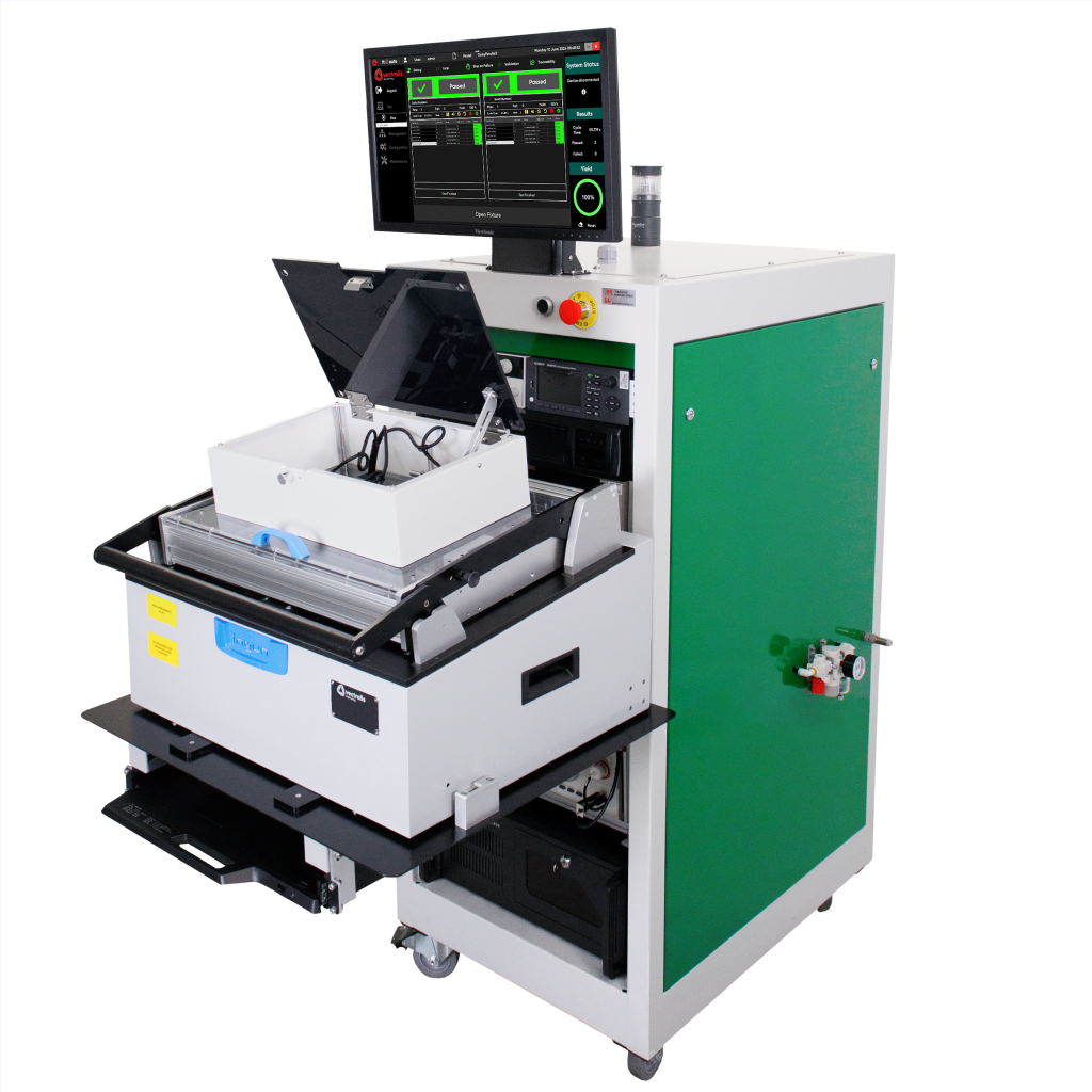 Vectralis test system with top access open, revealing internal components and structure