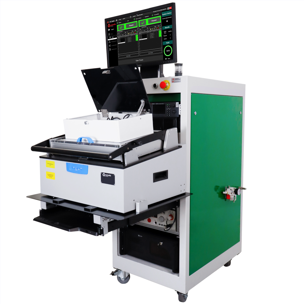 Vectralis functional test system with open top cover, enabling high-precision calibration and programming of industrial PCBAs