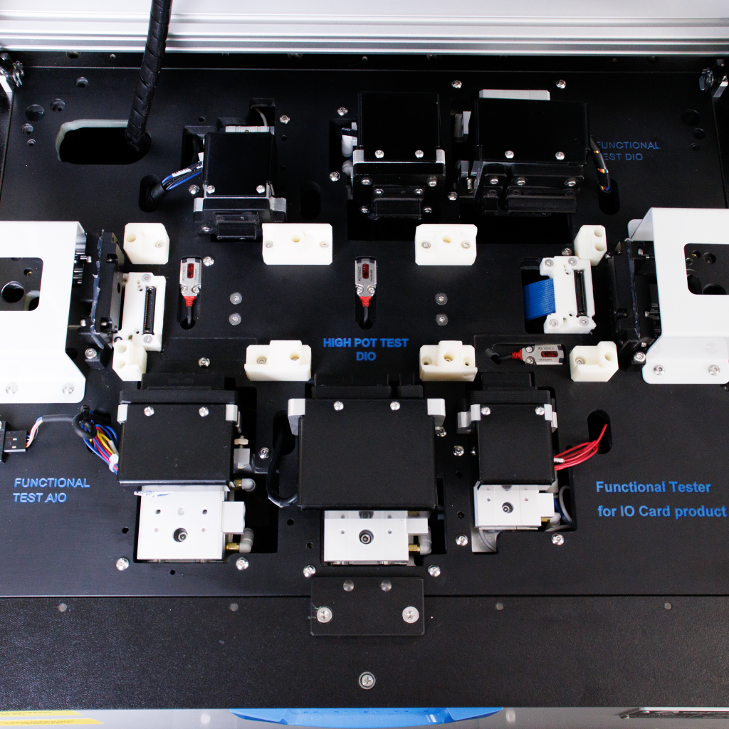 Close-up of UUT nests inside the Vectralis functional tester for industrial-grade electronic boards
