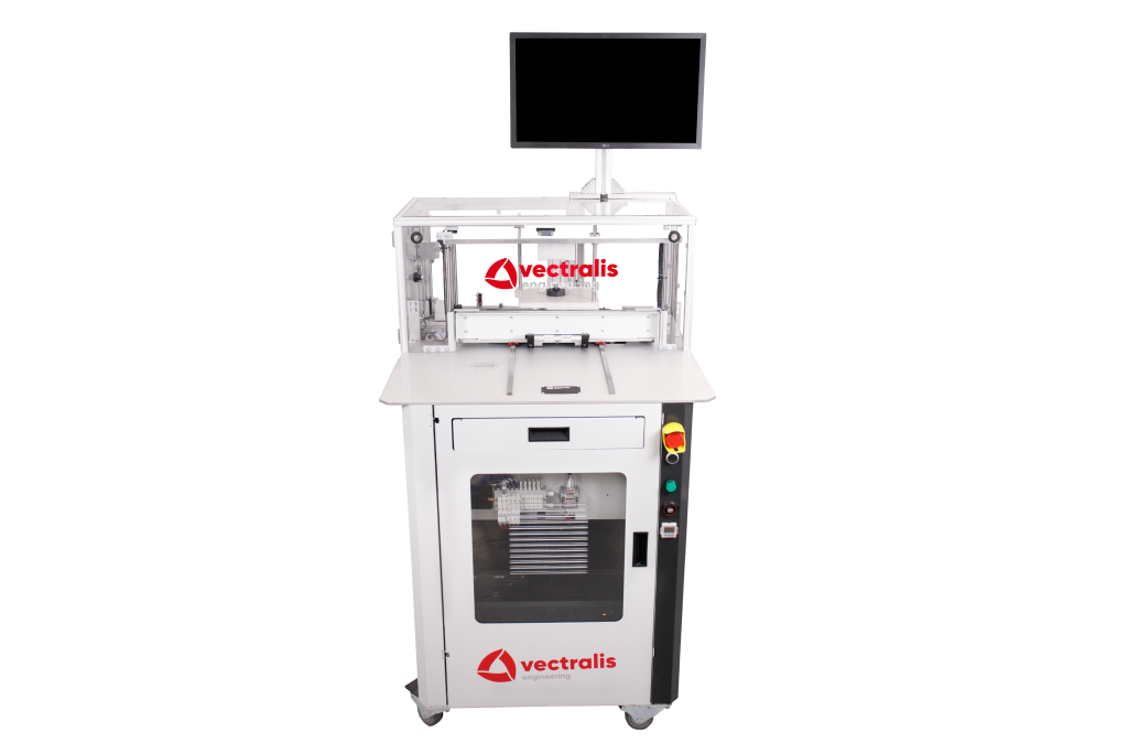 Vectralis V|box with automotive test fixture for high-voltage hipot testing, CAN and RS232 communication, and electrical measurements