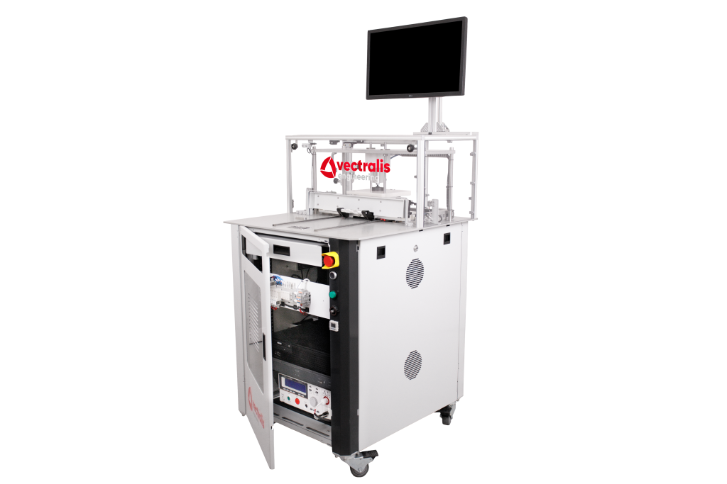 Vectralis V|box with open instrumentation panel showing internal test electronics for high-voltage and CAN/RS232 diagnostics