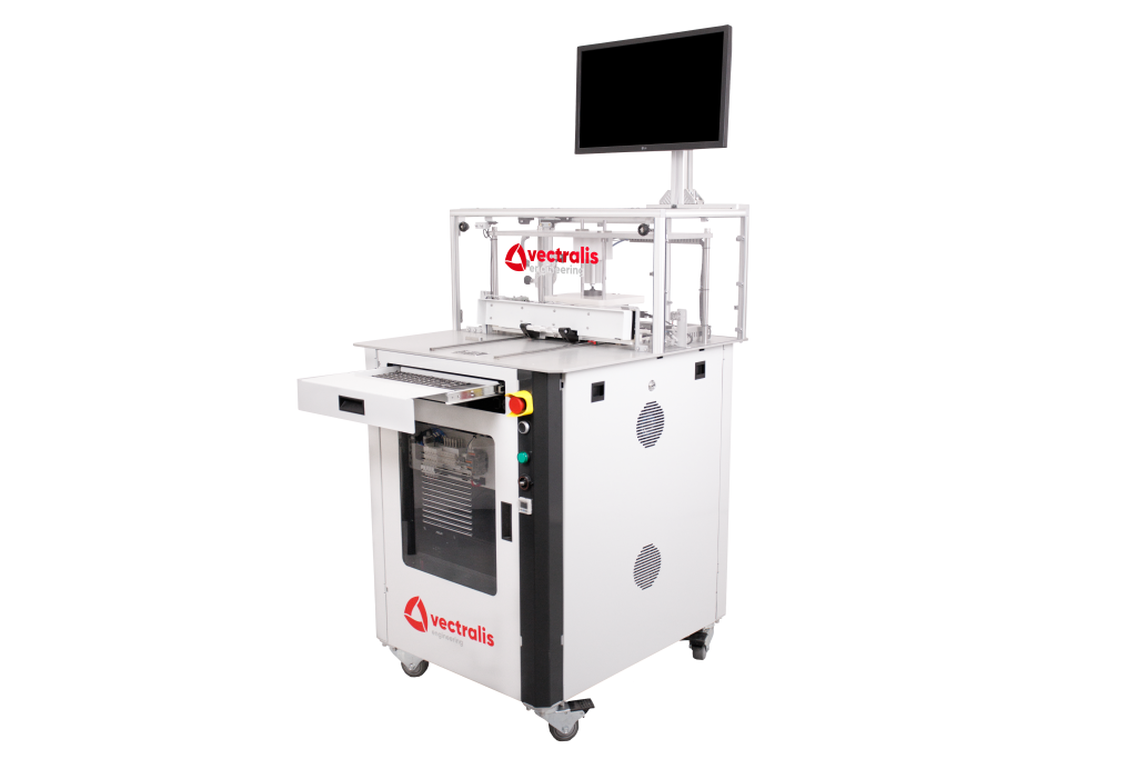 Vectralis automotive test station with extended keyboard tray for operator interface and test control