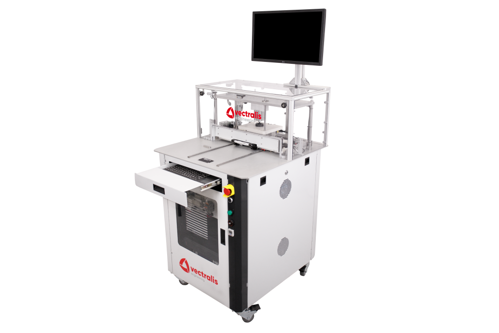 User-ready Vectralis V|box station with open keyboard tray for streamlined test execution in automotive applications