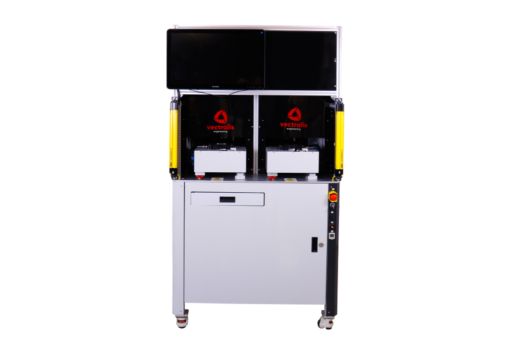 Automated test station developed by Vectralis for the automotive industry, featuring vision systems, USB port testing, and Siemens PLC control
