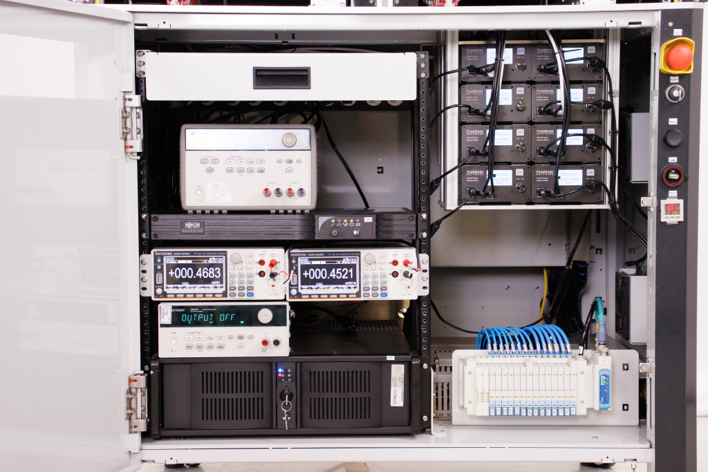 Close-up of Vectralis test station instrumentation used for current, voltage, and pixel homogeneity analysis