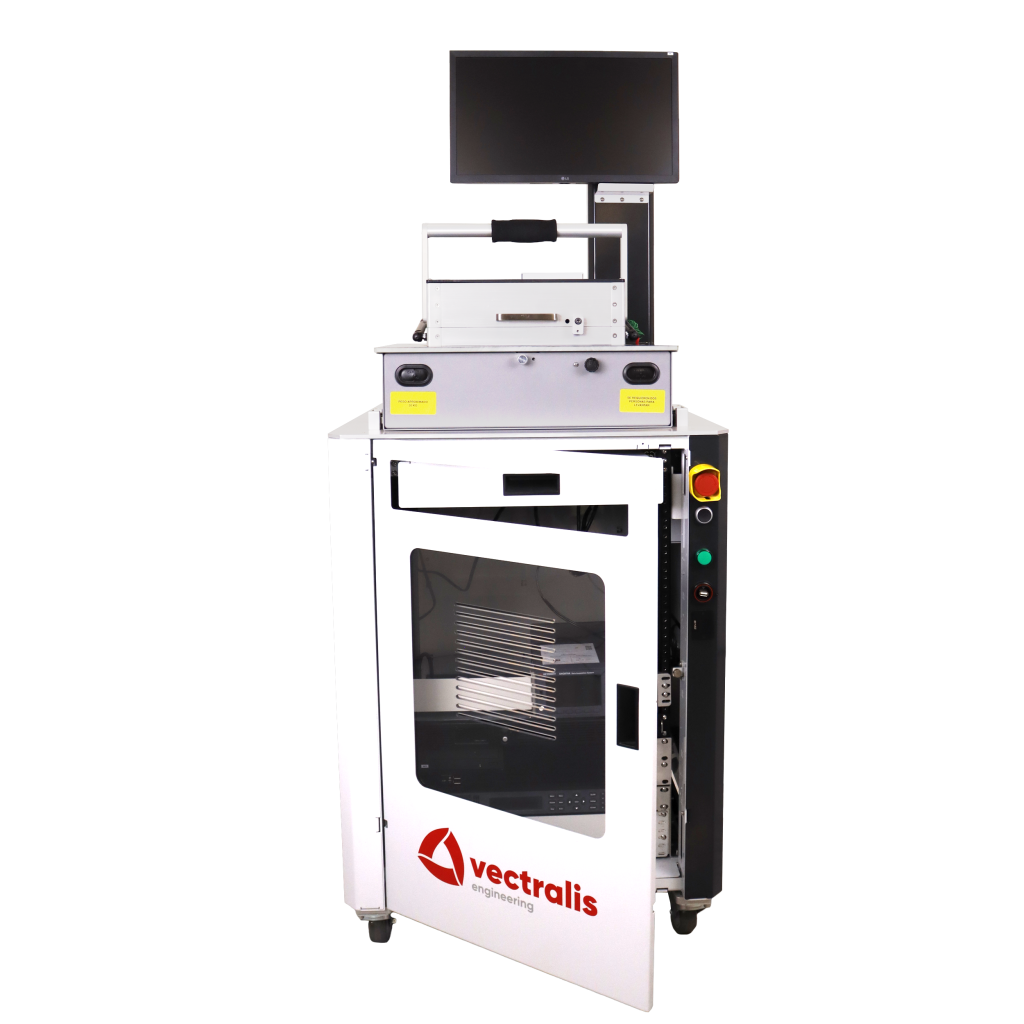Front view of Vectralis functional test system featuring custom fixture and DAQ-based measurement setup