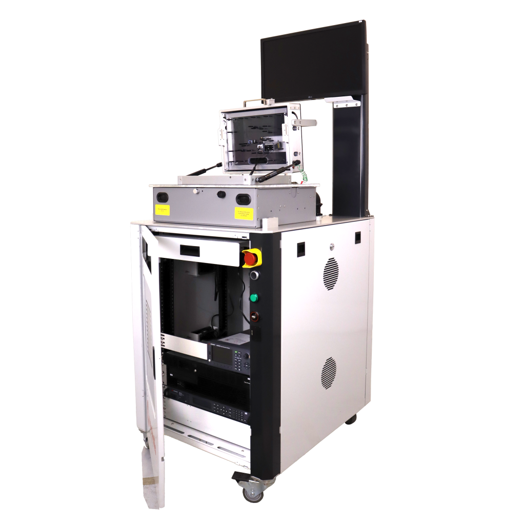 Vectralis test system with open fixture and instrumentation panel, designed for functional testing using DAQ