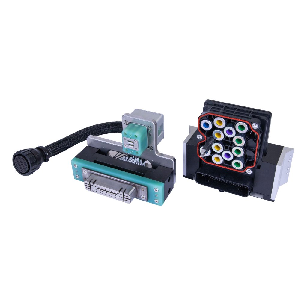 Automotive validation setup by Vectralis featuring a test nest and custom harness for pin detection