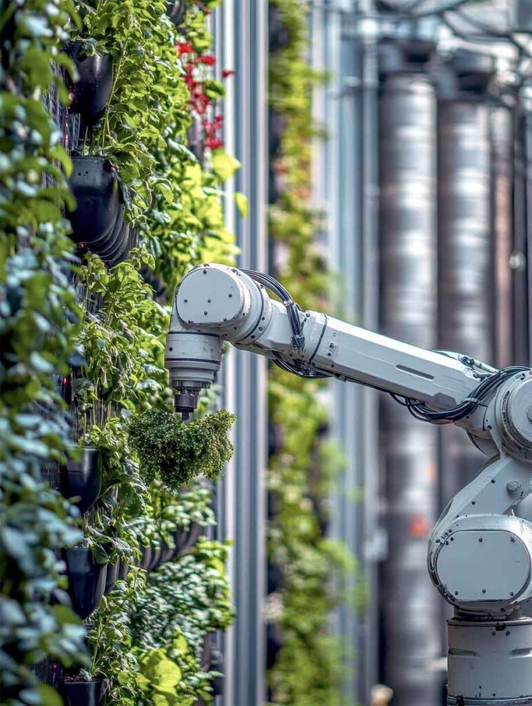 A robotic arm among vertical-farm plants