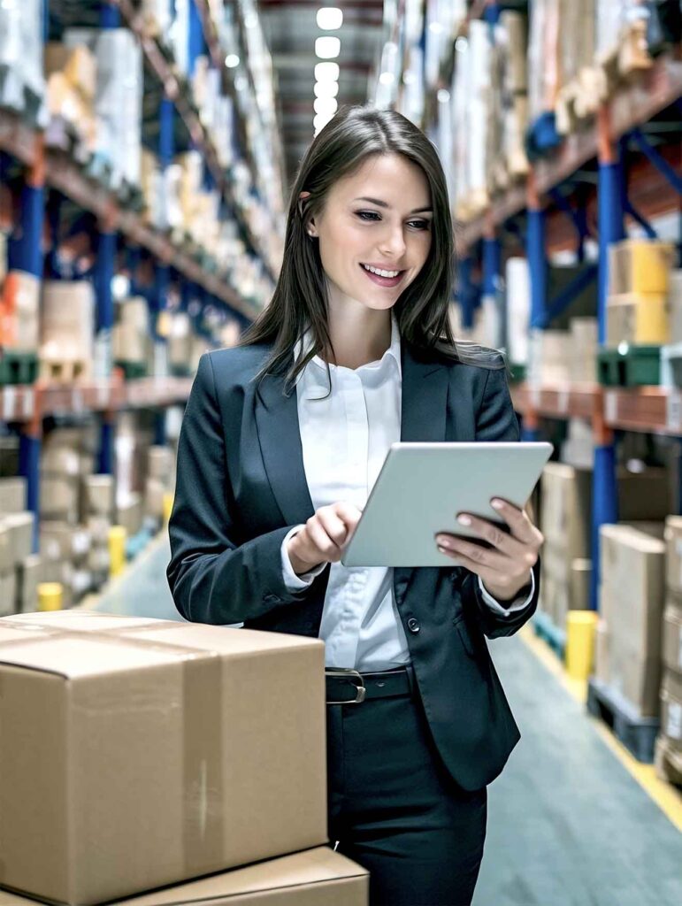 A professional checking a tablet in a warehouse