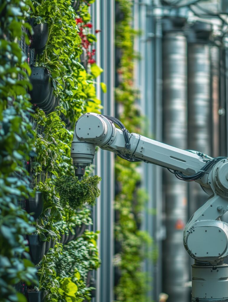 A robotic arm tending a vertical farm